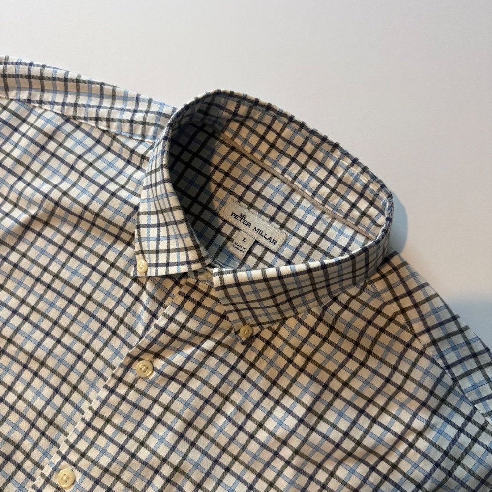 Peter Millar Mens Blue Plaid Button Down Shirt Large MF22W40NBL OLVER